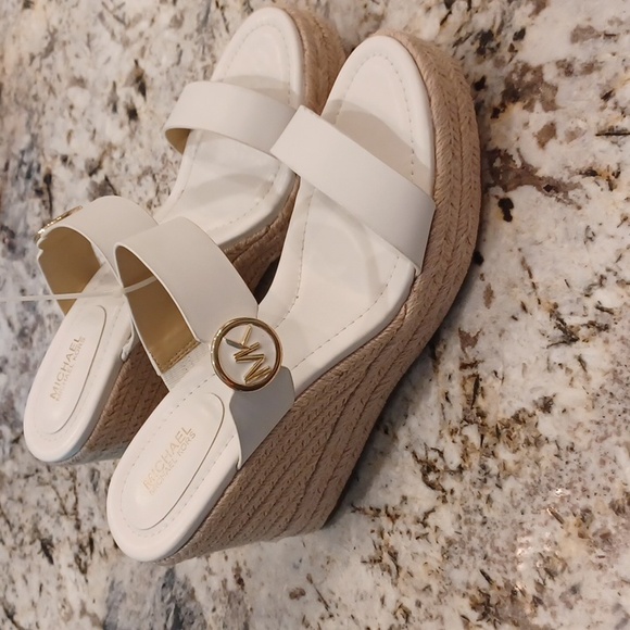 Michael Kors Lucinda Vachetta Leather Epadrille Wedge Sandals, White Leather 9.5 - Picture 1 of 16